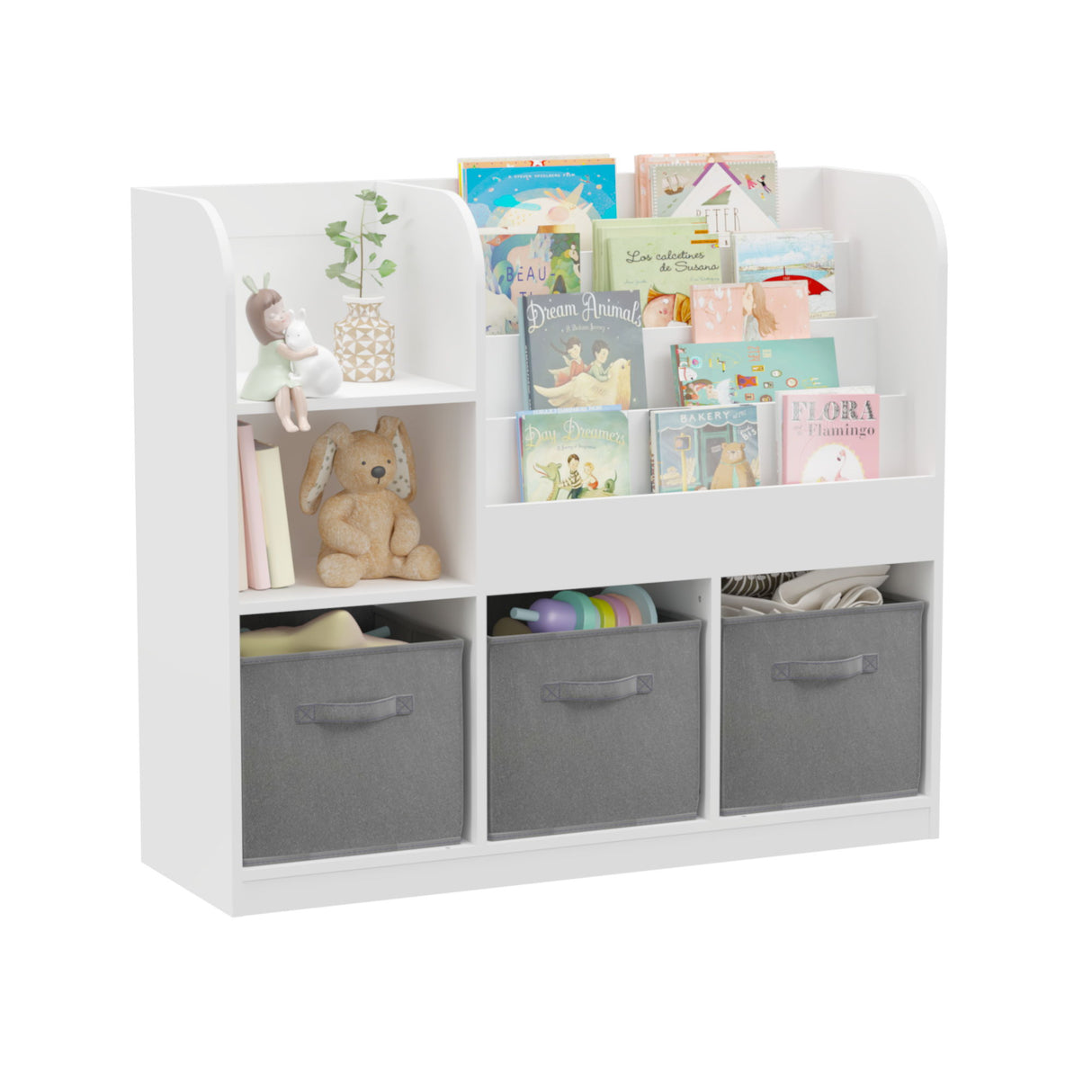 Bookcase And Bookshelf With 3 Collapsible Drawers, Multifunctional Display Stand