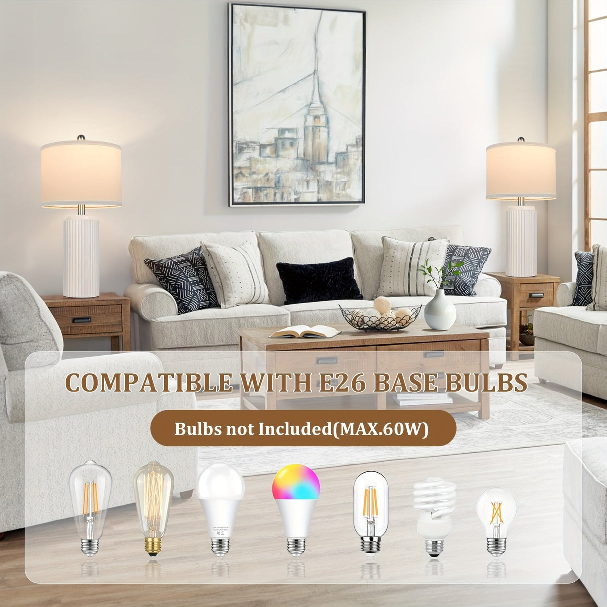 Farmhouse Table Lamps Set of 2 – Ceramic Base Bedside Lamps for Bedroom & Living