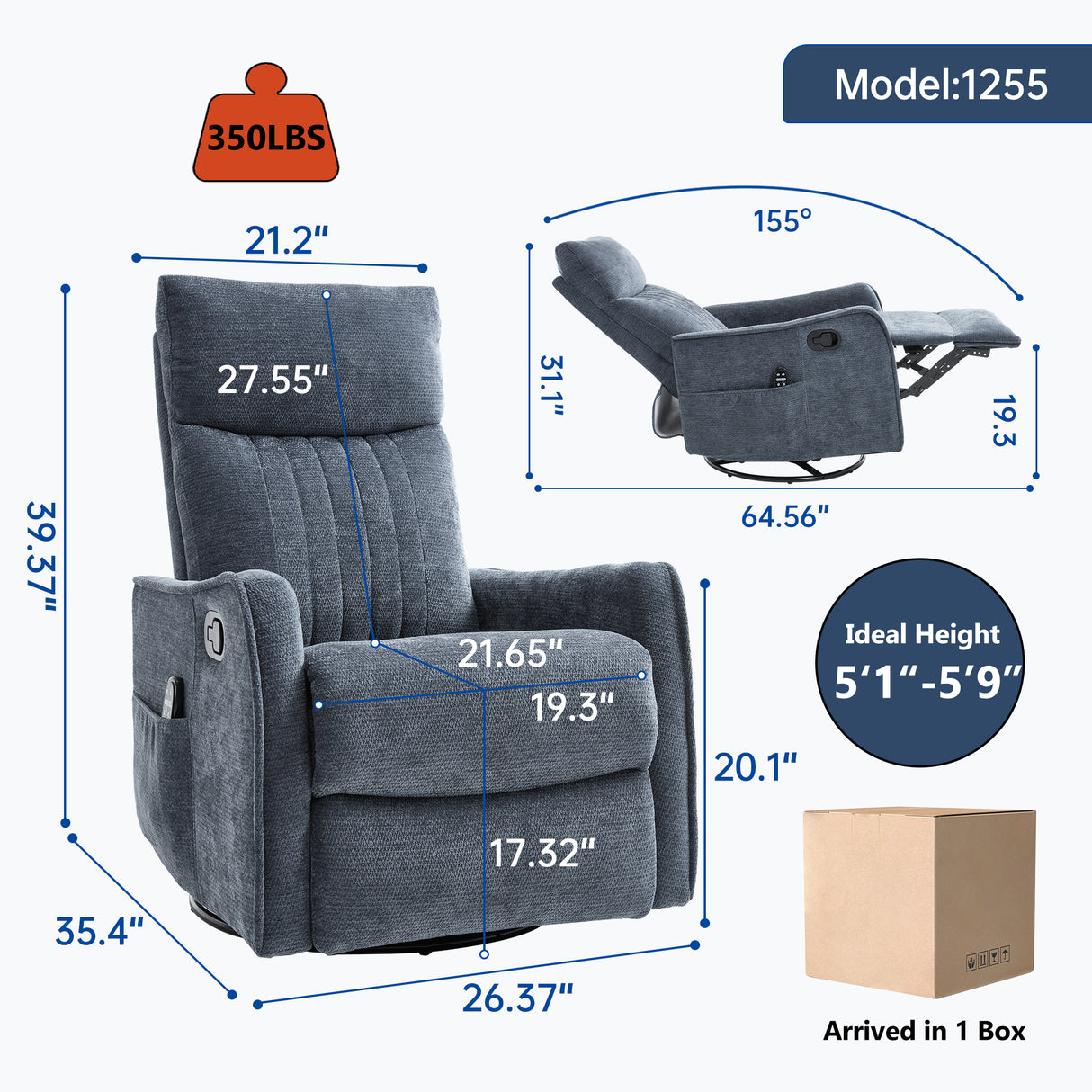 Blue Heat Massage Manual Recliner Chair with Rocker and Swivel
