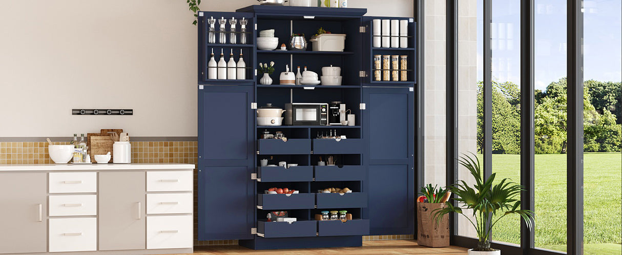 TOPMAX Freestanding Kitchen Pantry Cabinet with 4 Doors and Pull-Out Trays