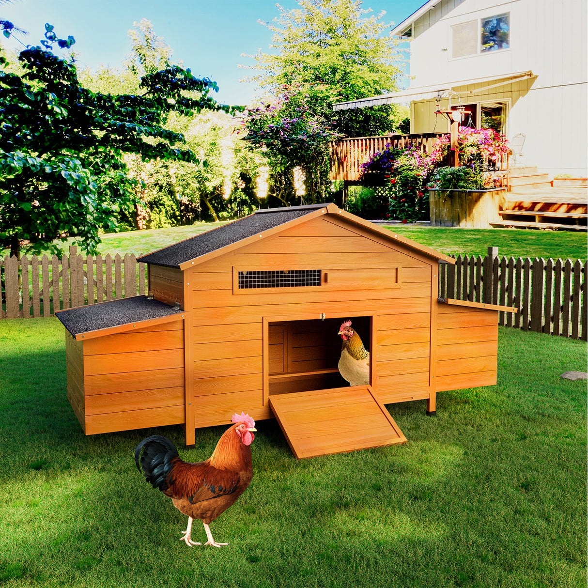 Large Wooden Chicken Coop with Nesting Box and Ventilated Hen House