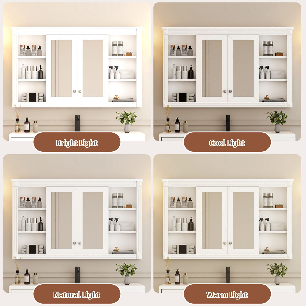 Wall-Mounted Mirror Cabinet With Adjustable Shelf And Open Shelves