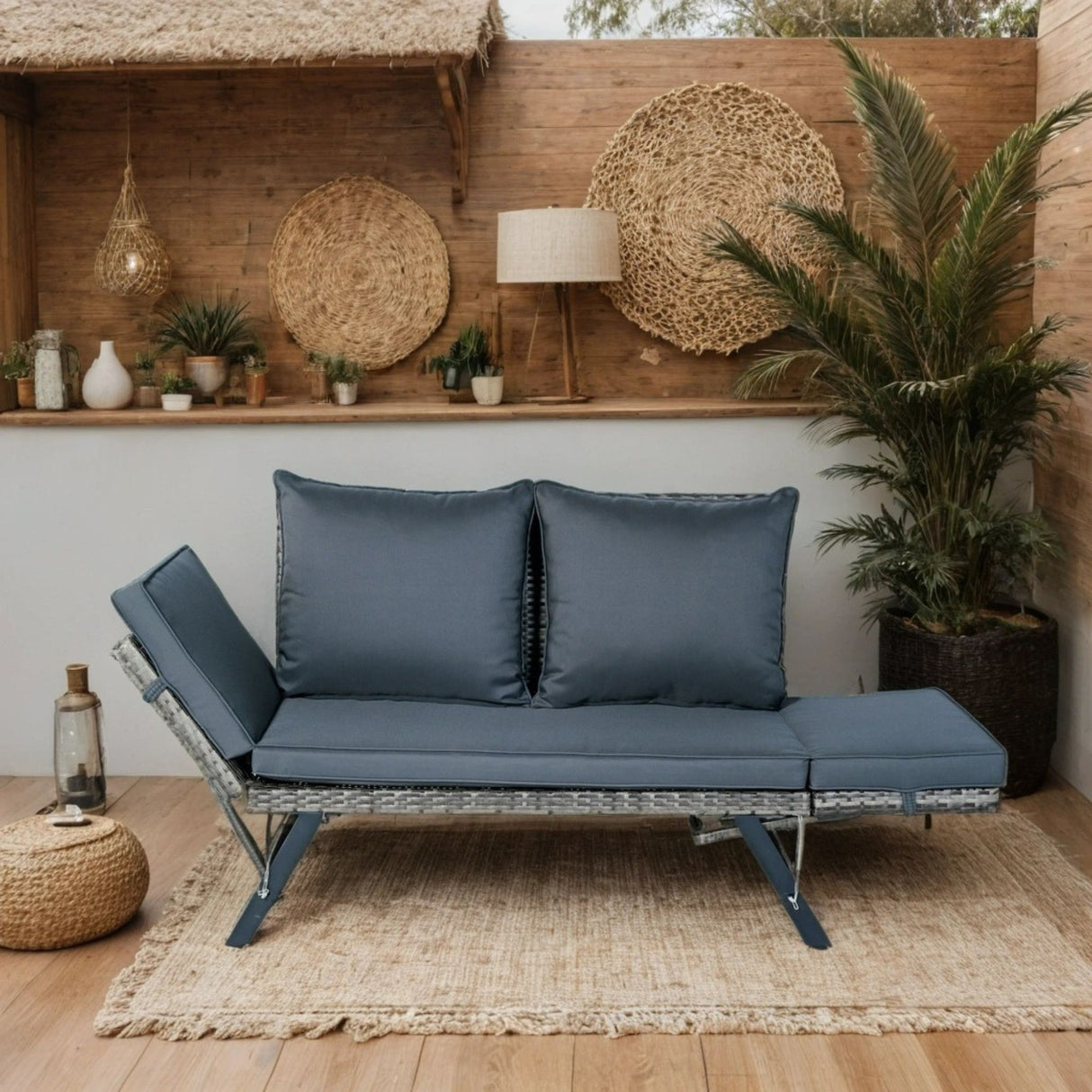 1 Pieces Patio Wicker Side Foldable Bench Patio Backyard Conversation Bench Gray Wicker - Dark Gray