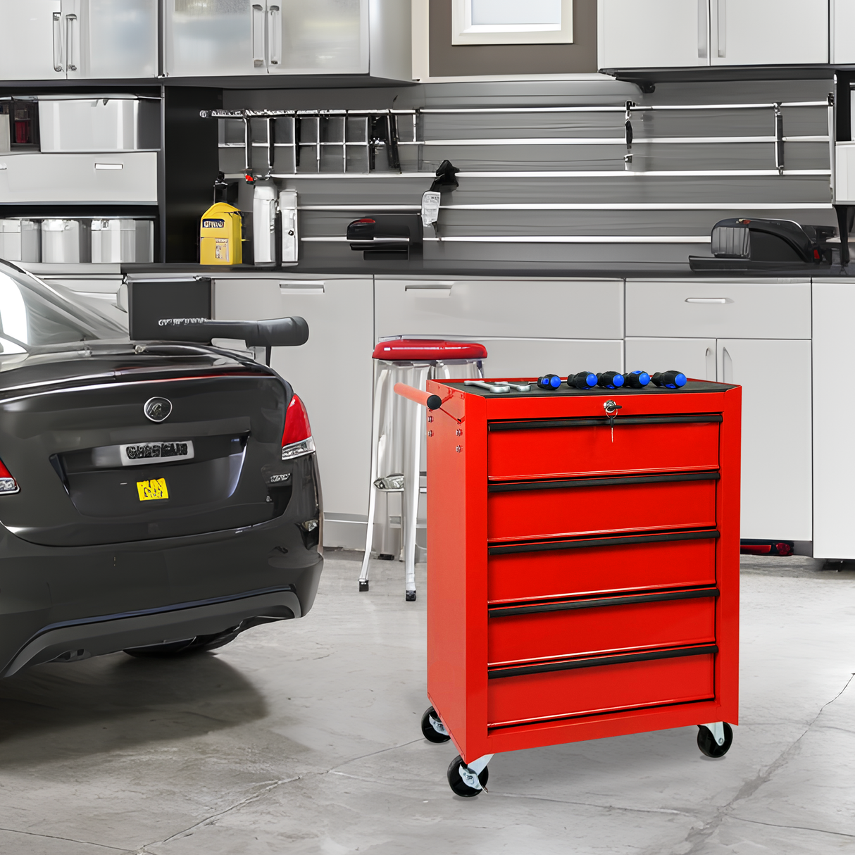 Rolling Metal Tool Chest with 5 Drawers, 20" Steel Cabinet - Red