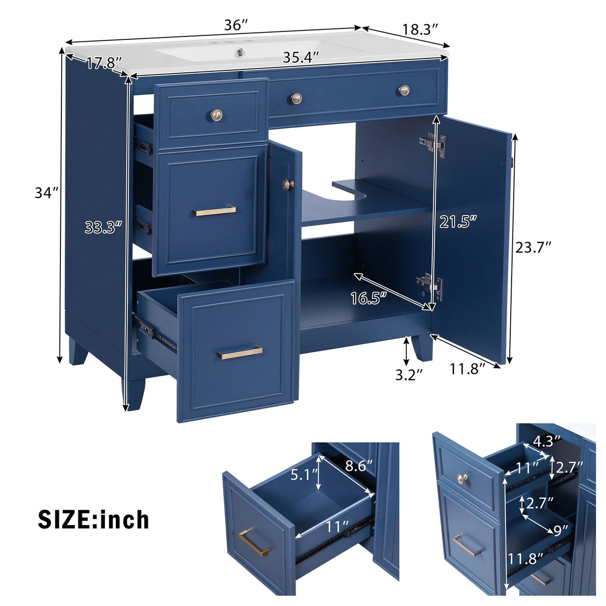 Bathroom Vanity With Sink, Soft Close Doors, Adjustable Shelves
