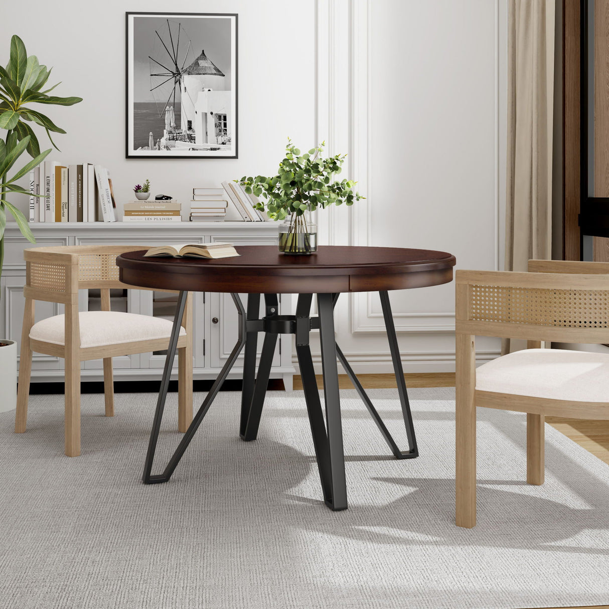 Mid Century Modern Round Dining Table With Metal Legs And Open Shelf - Best Buy Furniture
