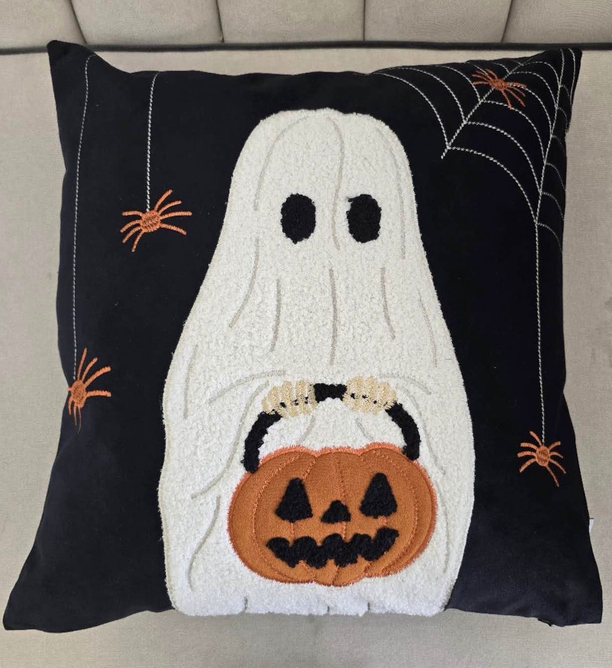 Halloween Ghost with Pumpkin Bucket Throw Pillow Set of 2