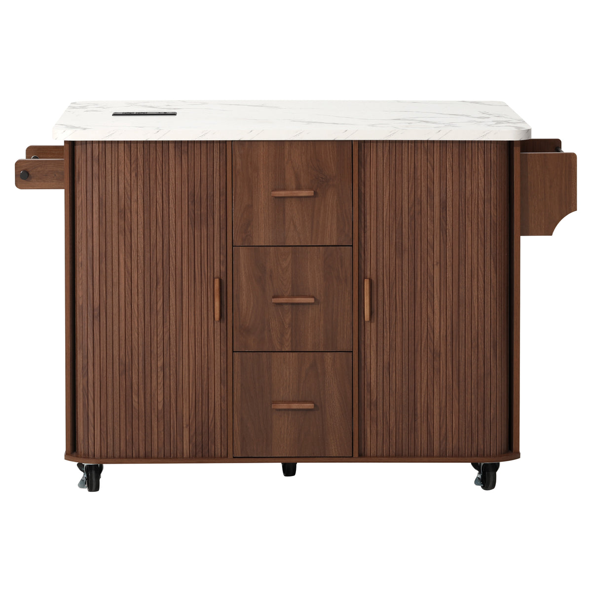 K&K 53.5" Kitchen Island with Sliding Doors, Drop Leaf, Power Outlet, Walnut Brown