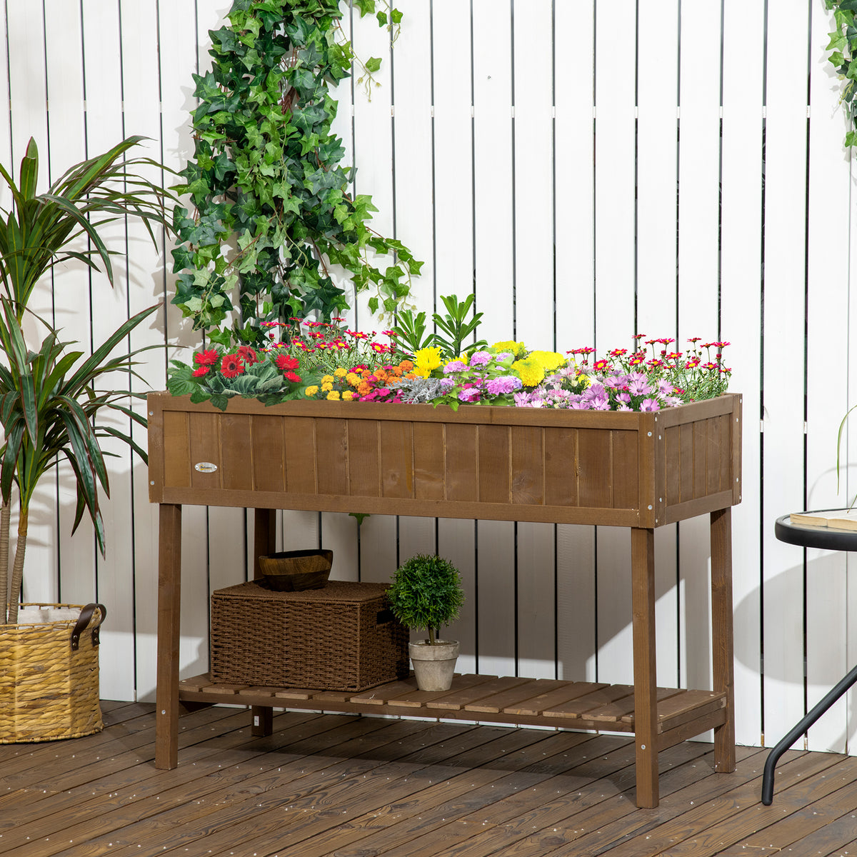 43x18x30 Raised Garden Bed with Shelf & Pockets - Fir Wood
