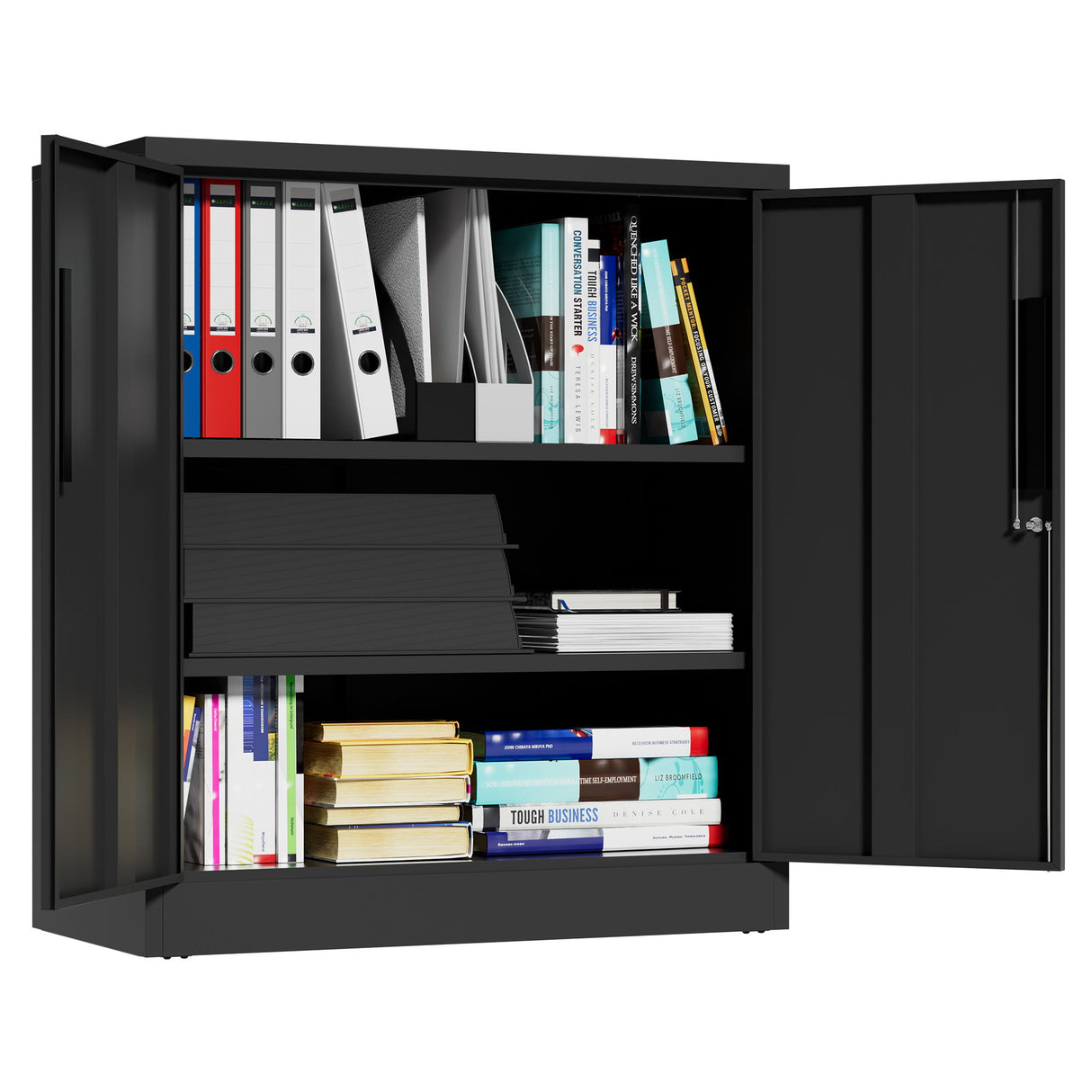Heavy Duty Storage Cabinet With Lock, 2 Door File Cabinet With 2 Adjustable Shelves - Black