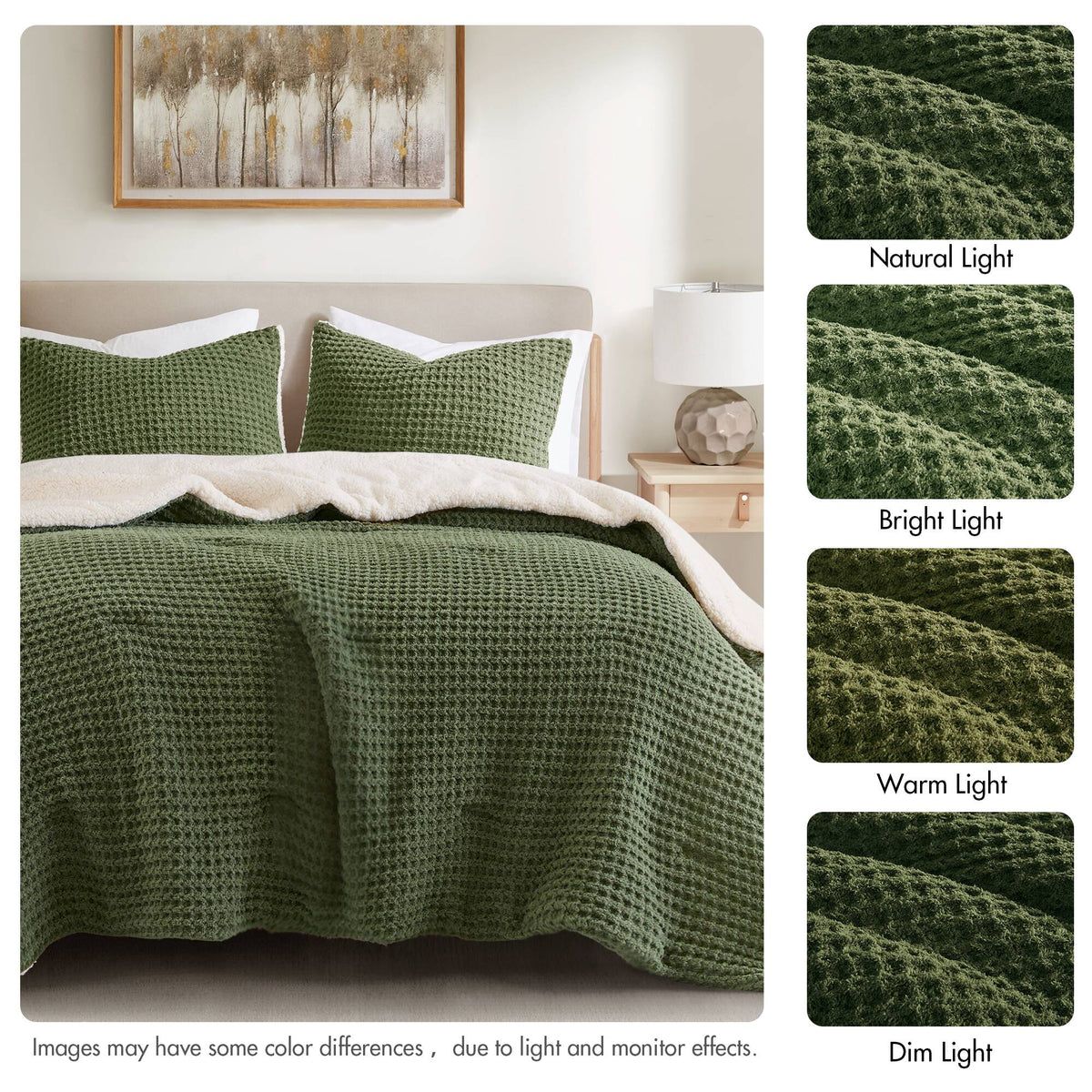 3 Pieces King/Cal King Waffle Knit Chenille Comforter Set, Olive