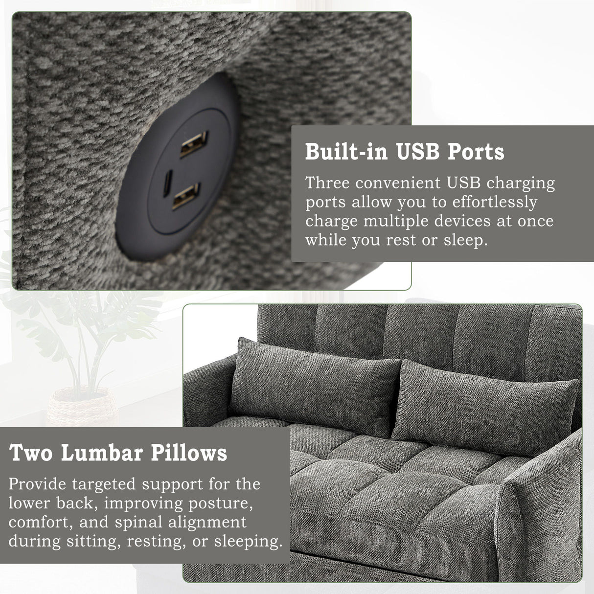 Loveseat Sofa Pull-Out Bed With Adjustable Backrest, 3 USB Ports And 2 Lumbar Pillows For Living Room