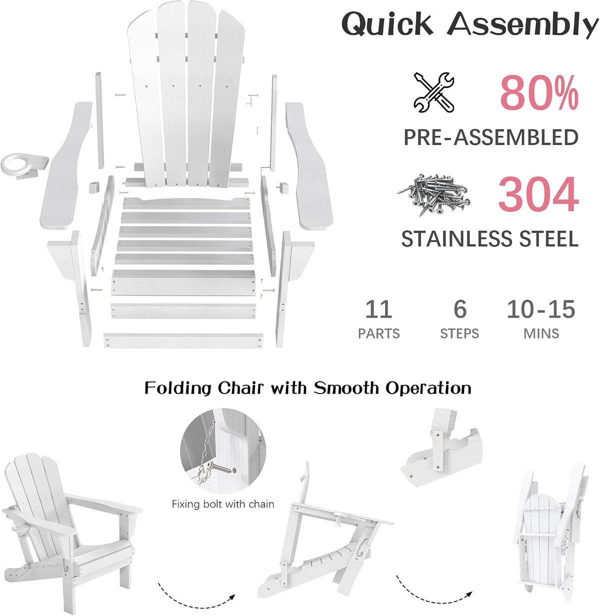 Adirondack Chairs Set of 2 with Folding Design and Cup Holder - White