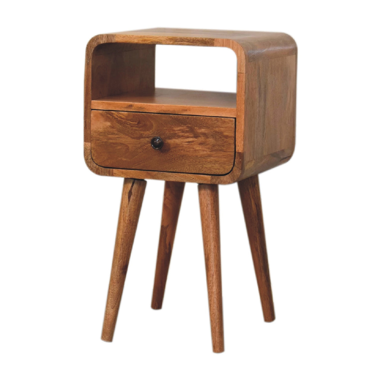Solid Wood Mini Oak-ish Curve Nightstand, 1-Drawer, 1 Open-Slot