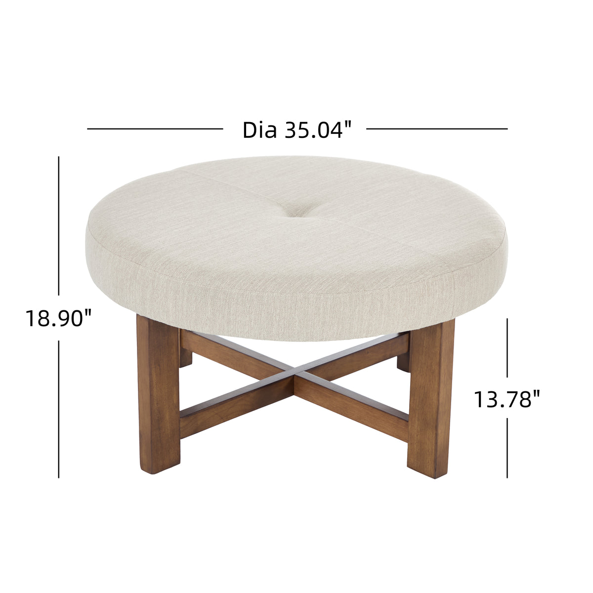 Beige Fabric Round Ottoman with Solid Wood Cross Base