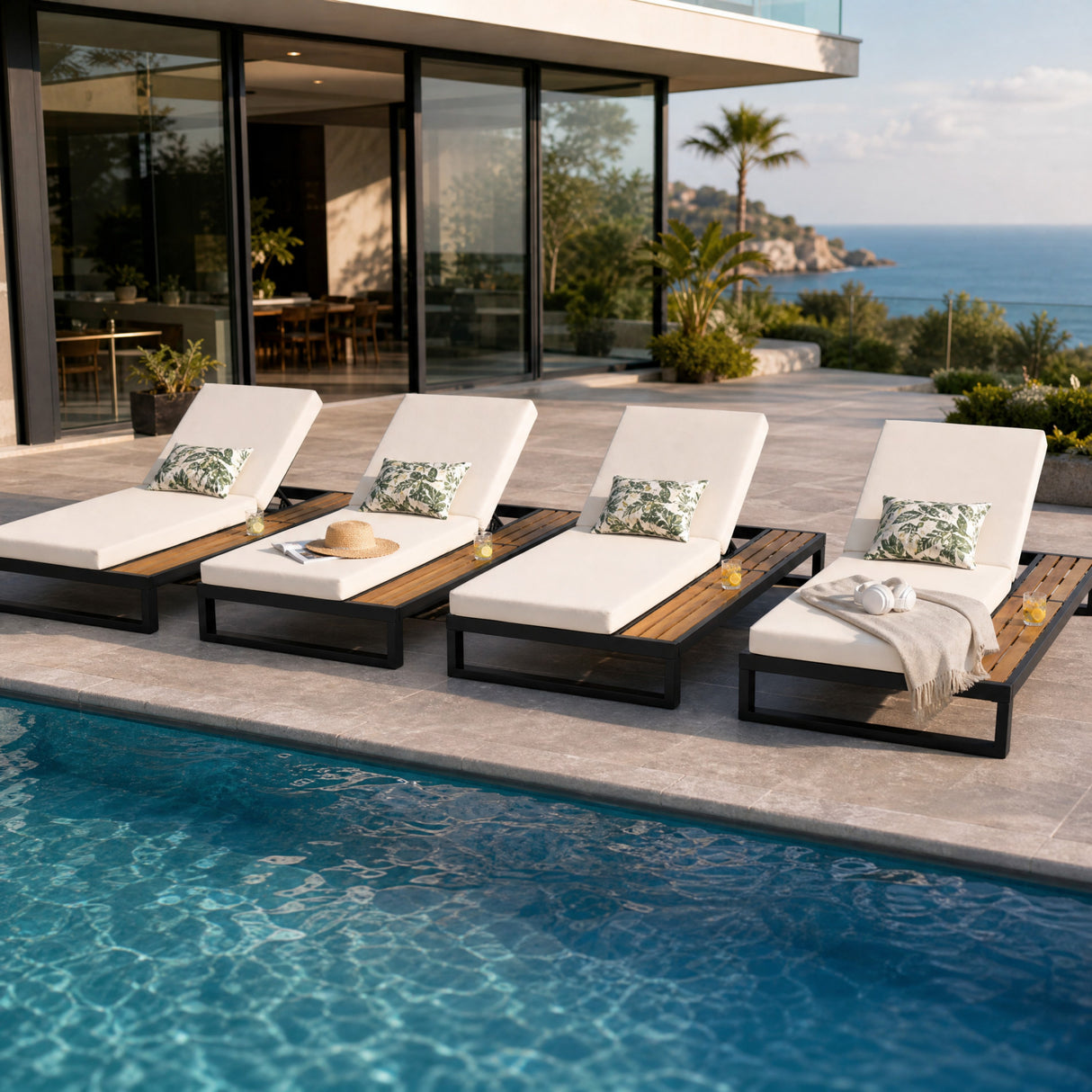 Black Iron & Teak Finish Chaise Lounge Set: 1 Frame + 1 2-Fold