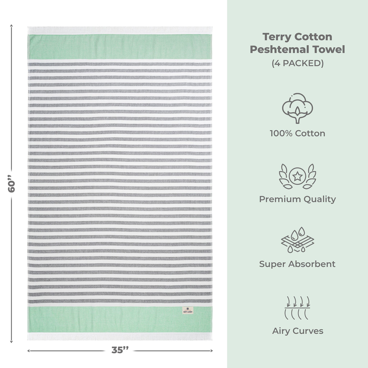 4 Packed Terry Peshtemal and Premium Beach Towel, Mediterranean Cotton Turkish Peshtemals, 35" x 60", Modern & Traditional Turkish Bath Towels