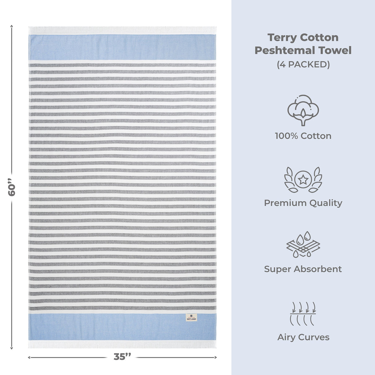 4 Packed Terry Peshtemal and Premium Beach Towel, Mediterranean Cotton Turkish Peshtemals, 35" x 60", Modern & Traditional Turkish Bath Towels