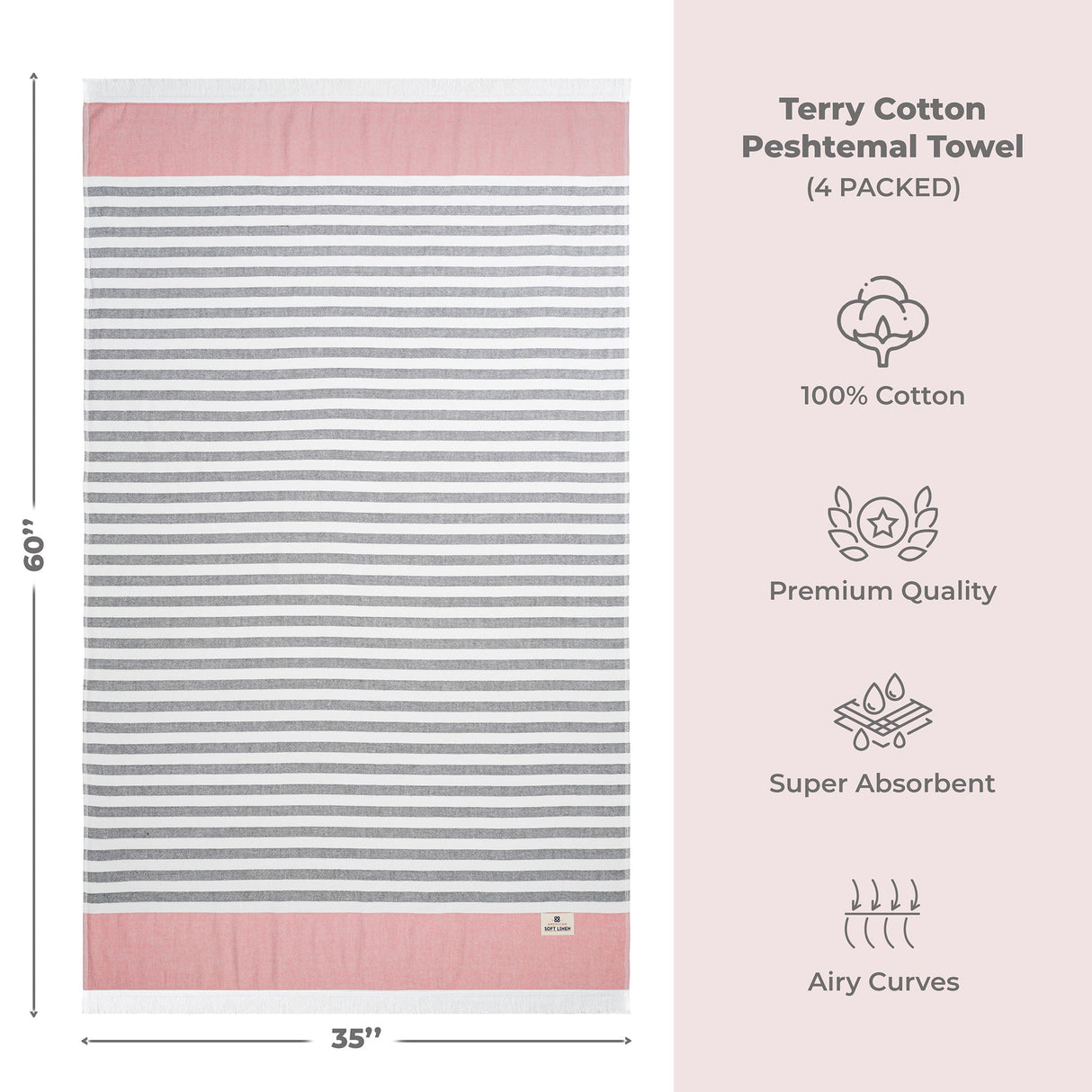 4 Packed Terry Peshtemal and Premium Beach Towel, Mediterranean Cotton Turkish Peshtemals, 35" x 60", Modern & Traditional Turkish Bath Towels