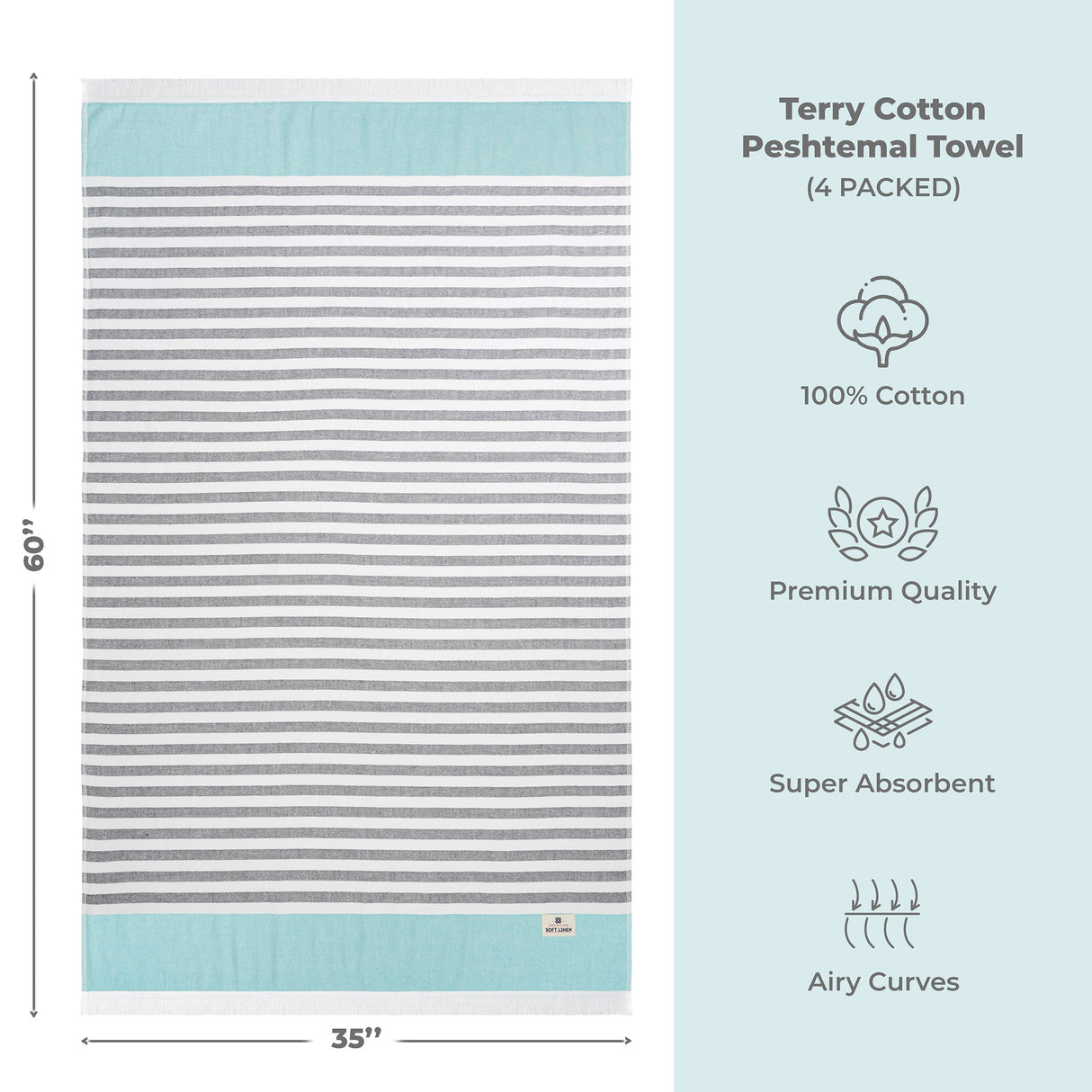 4 Packed Terry Peshtemal and Premium Beach Towel, Mediterranean Cotton Turkish Peshtemals, 35" x 60", Modern & Traditional Turkish Bath Towels