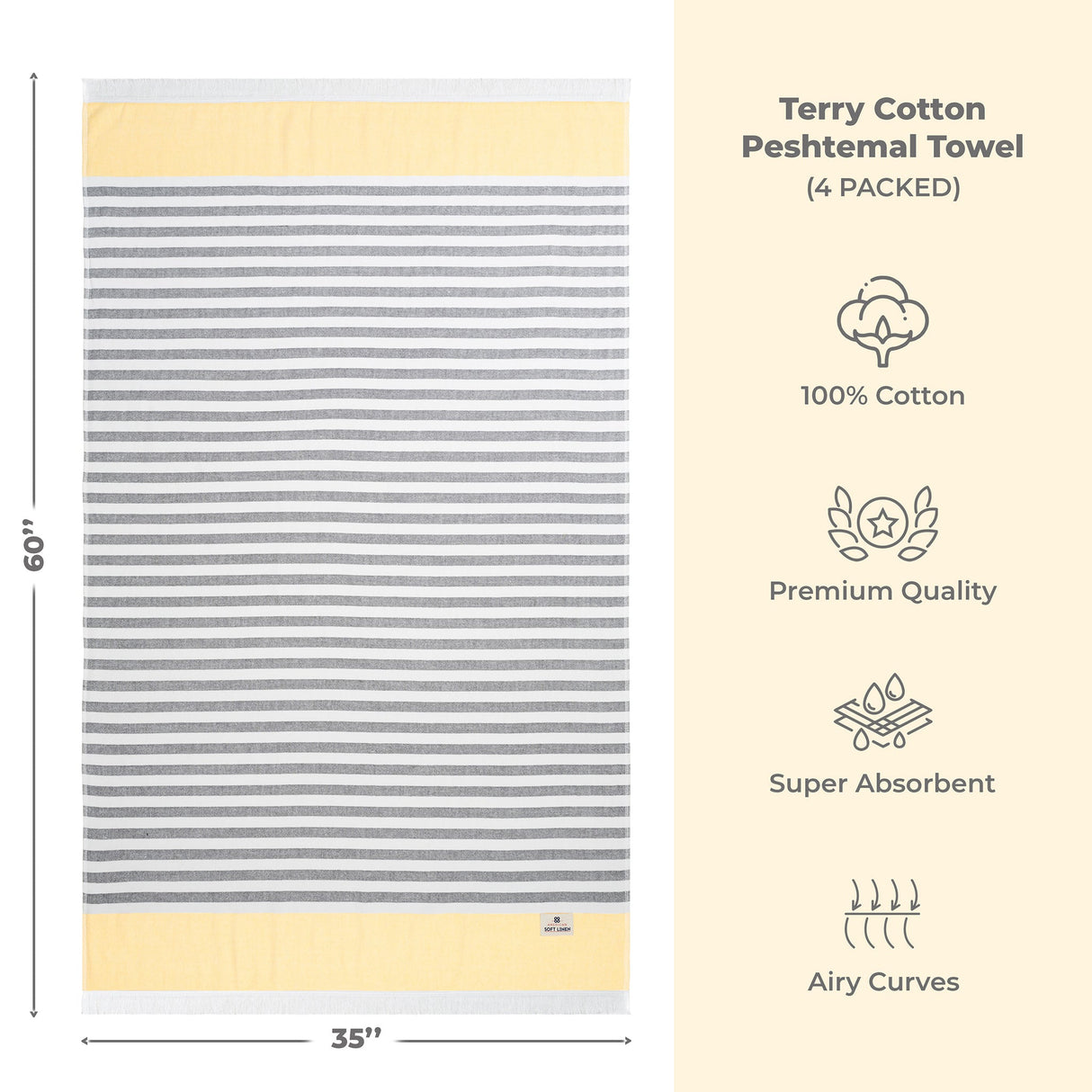 4 Packed Terry Peshtemal and Premium Beach Towel, Mediterranean Cotton Turkish Peshtemals, 35" x 60", Modern & Traditional Turkish Bath Towels