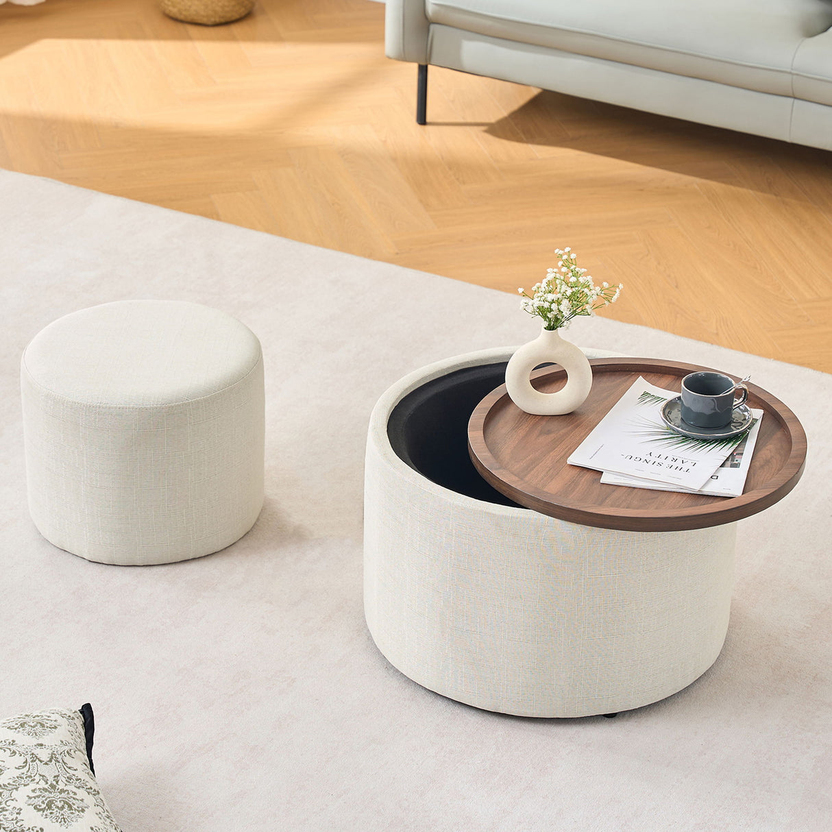 Nesting Ottomans, Round Coffee Table & Bench With Tray (Set of 2)