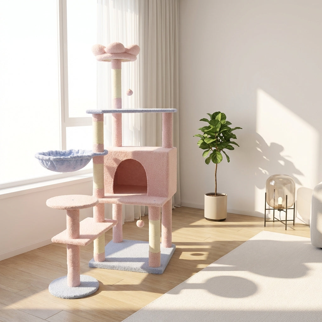 Flower Cat Tree with Large Condo, Removable Cushion and Hammock, 56-Inch, Pink