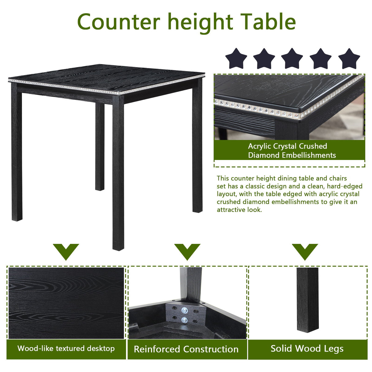 5 Pieces Counter Height Table Set, Kitchen Table With Square Table And 4 Upholstered Chairs