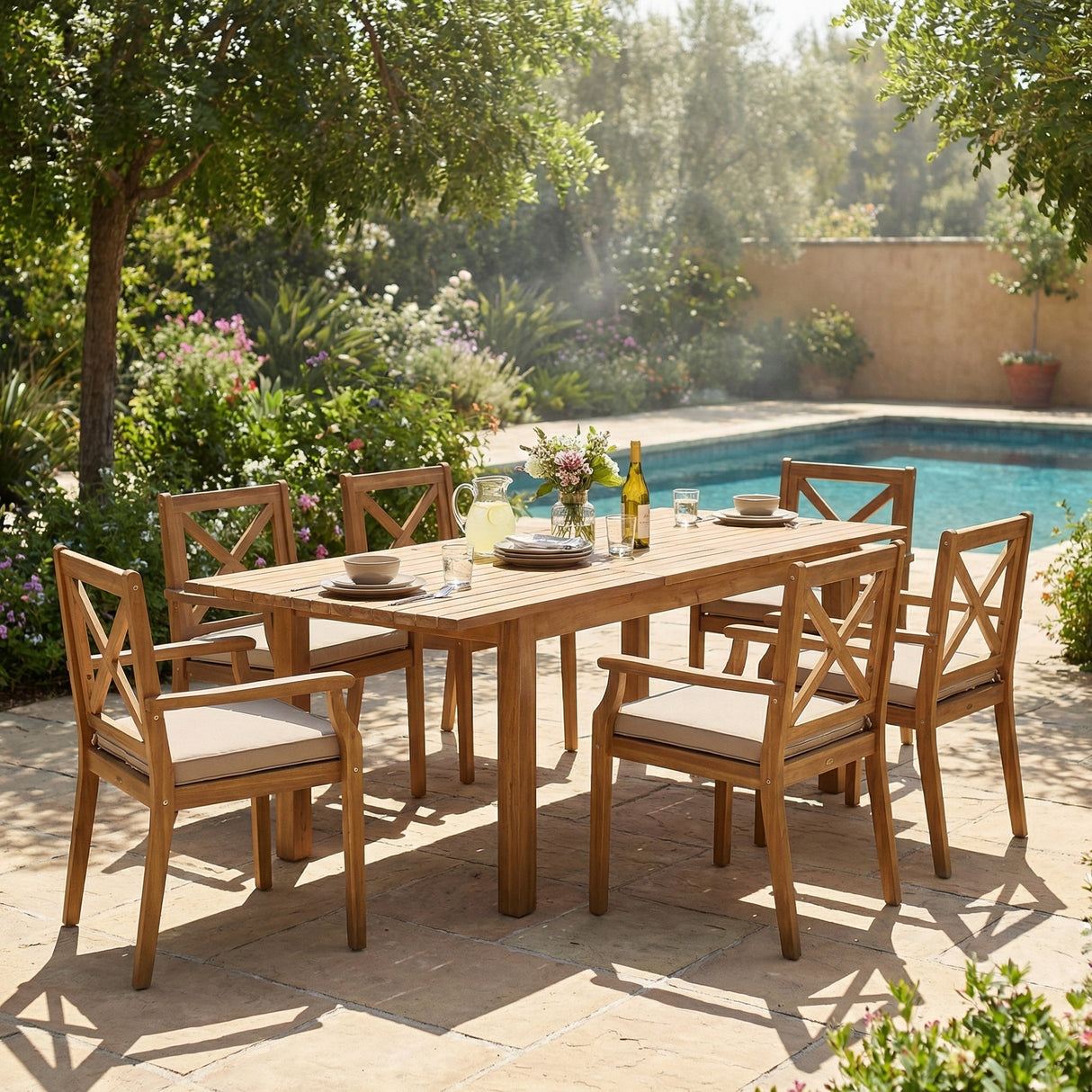 7 Pieces Acacia Wood Outdoor Dining Set with Cream Cushions