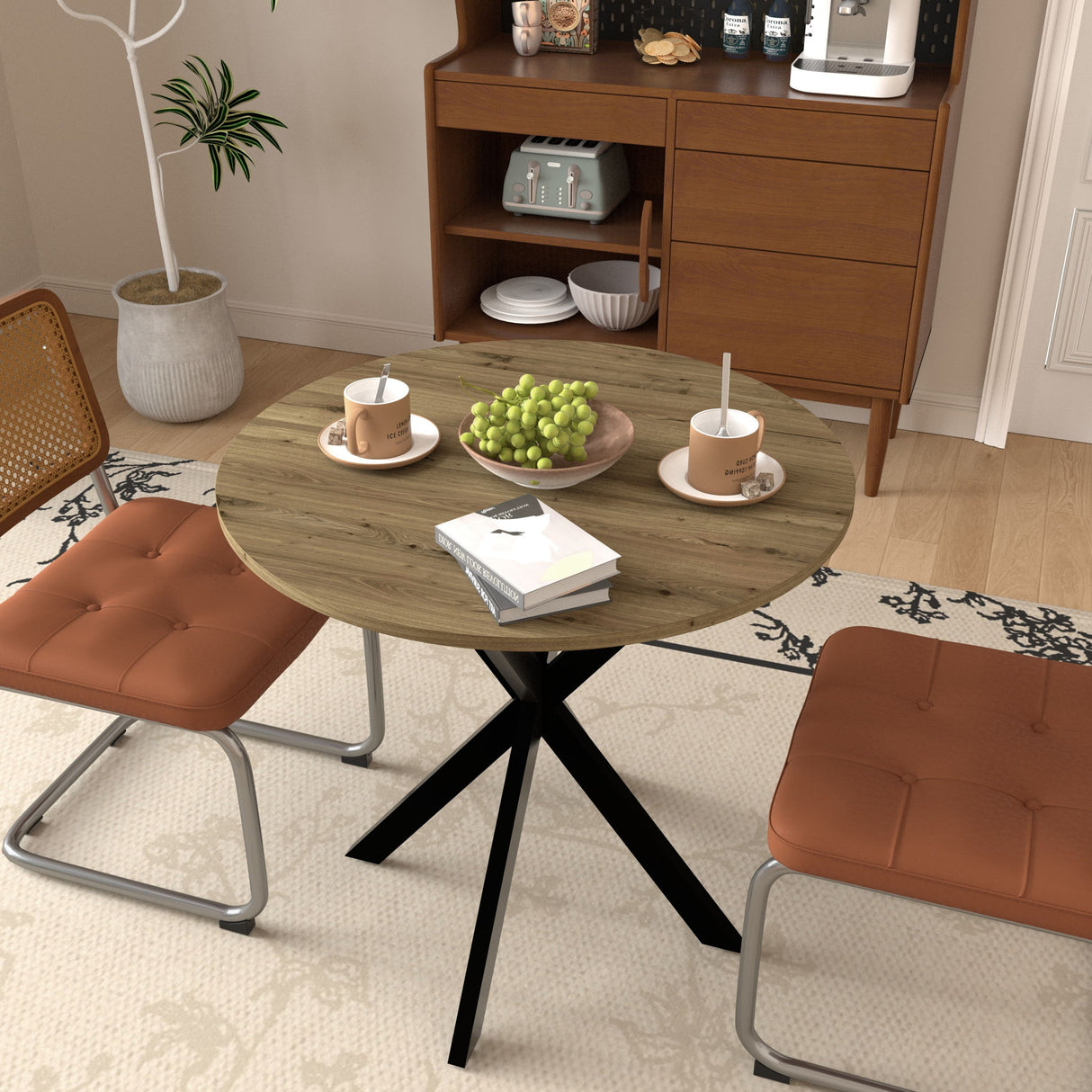 Round Dining Table For 2 - 4 People, Compact Kitchen Or Dining Room - Rustic Brown