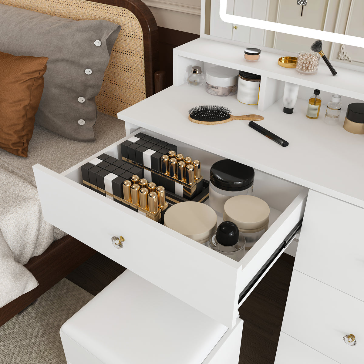 Fashion Vanity Desk with Mirror & 3-Color Dimmable LED Lights