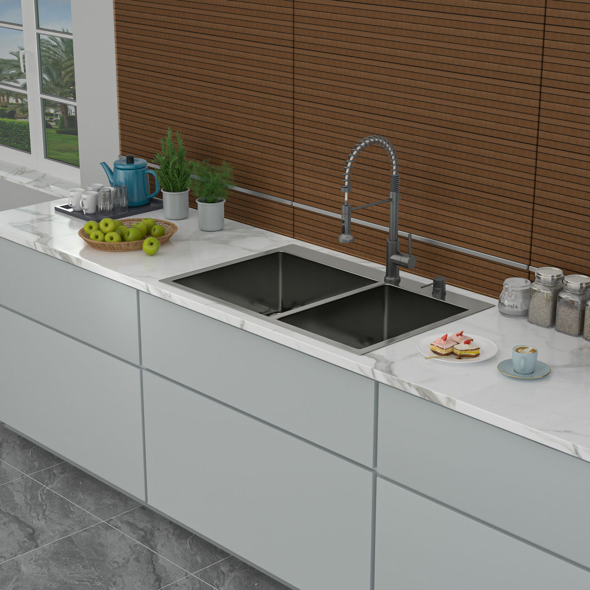 Double Bowl Drop In Sink With 2 - 9" Deep Basins - Gunmetal Black