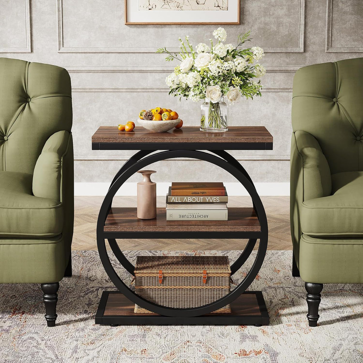 Industrial Narrow End Table With 3 Shelves