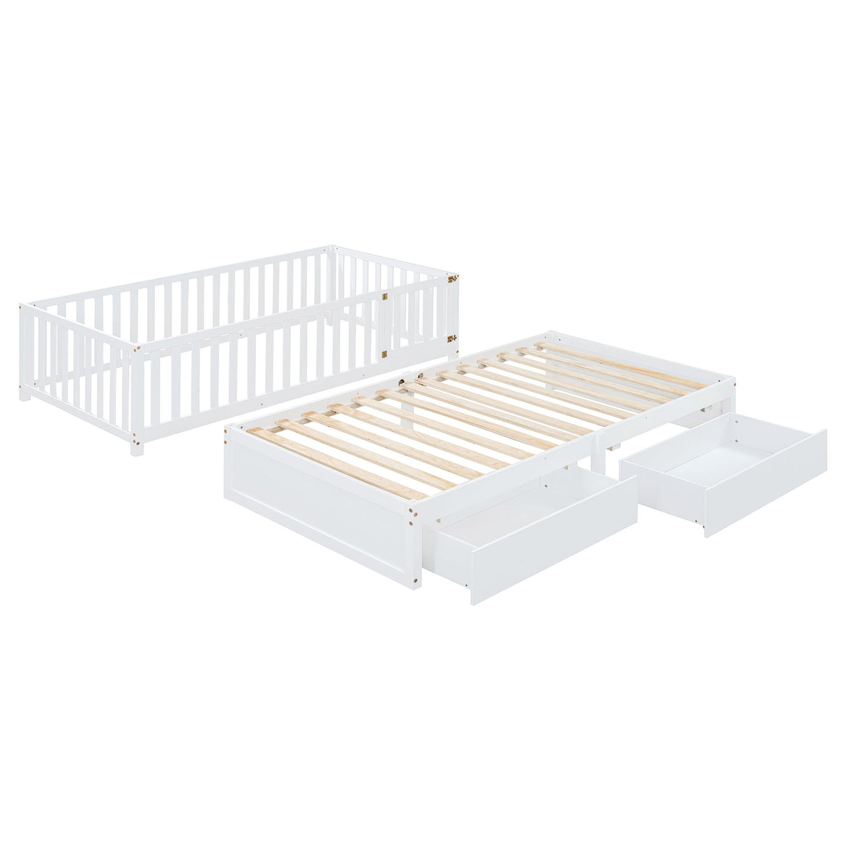 Daybed With Fence Guardrails And 2 Drawers, Split Into Independent Floor Bed & Daybed