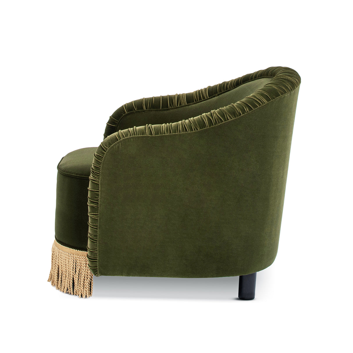 Serena 31.5" Ruched Barrel Back Accent Arm Chair with Bullion Fringe, Olive