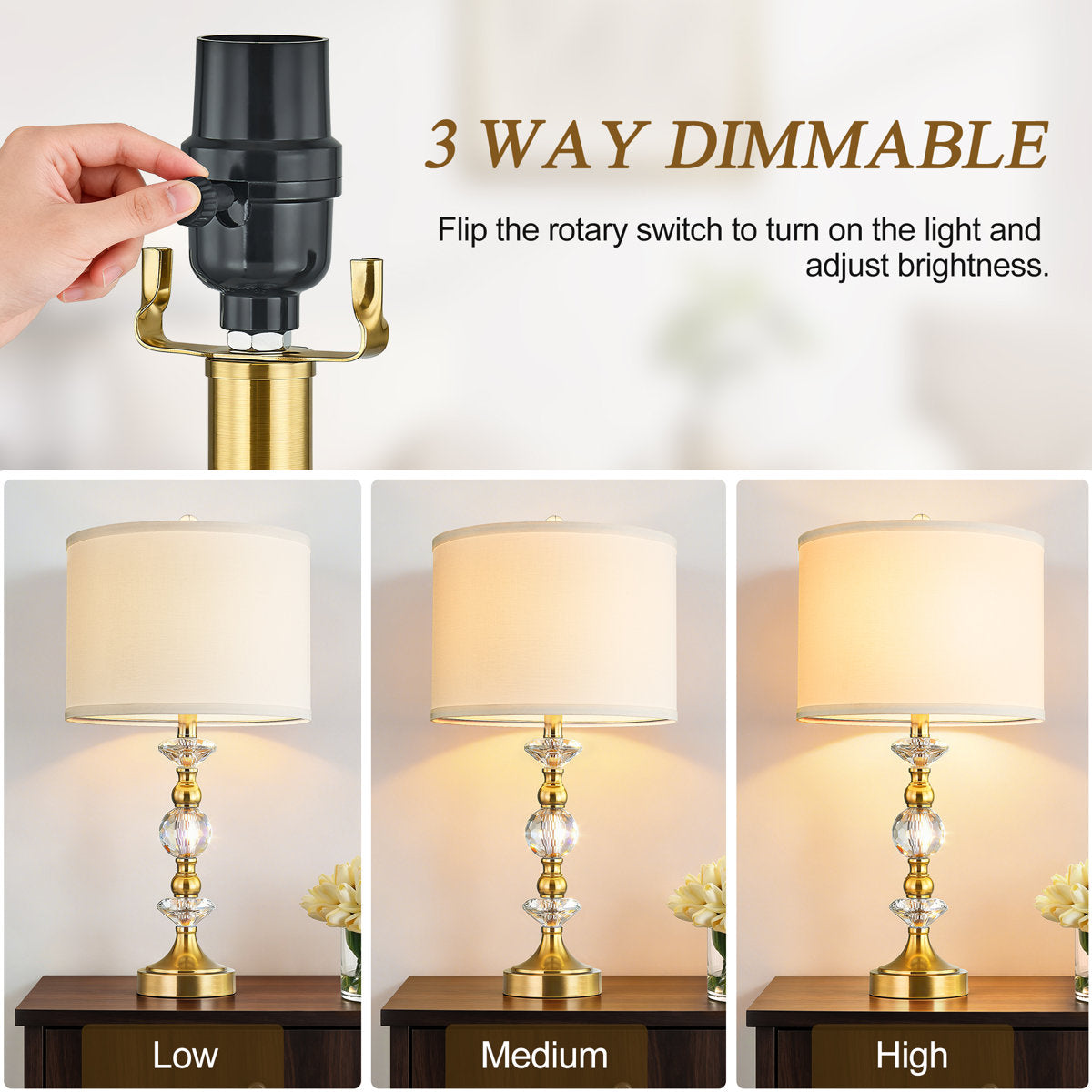 Crystal Table Lamp with 3-Way Dimmable Light and USB Type-C Ports, Set of 2, Antique Bronze