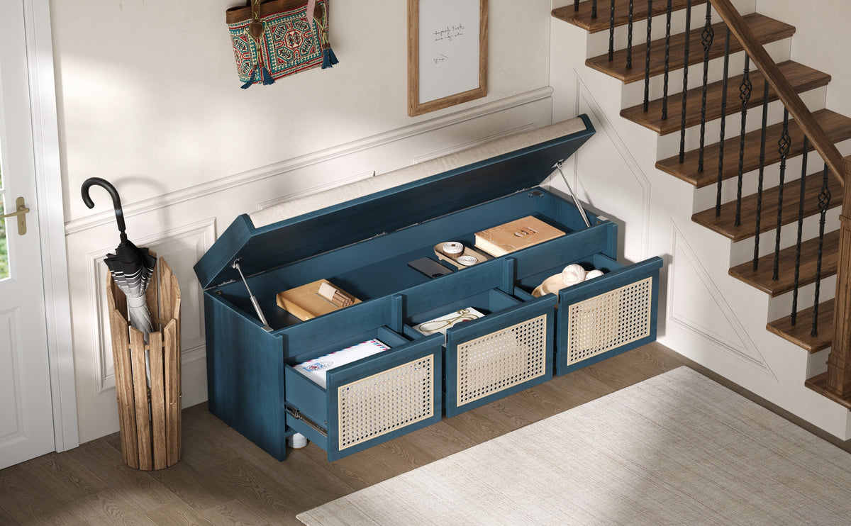 TREXM 48" Entryway Shoe Bench, Retro Storage Bench with Rattan Drawers