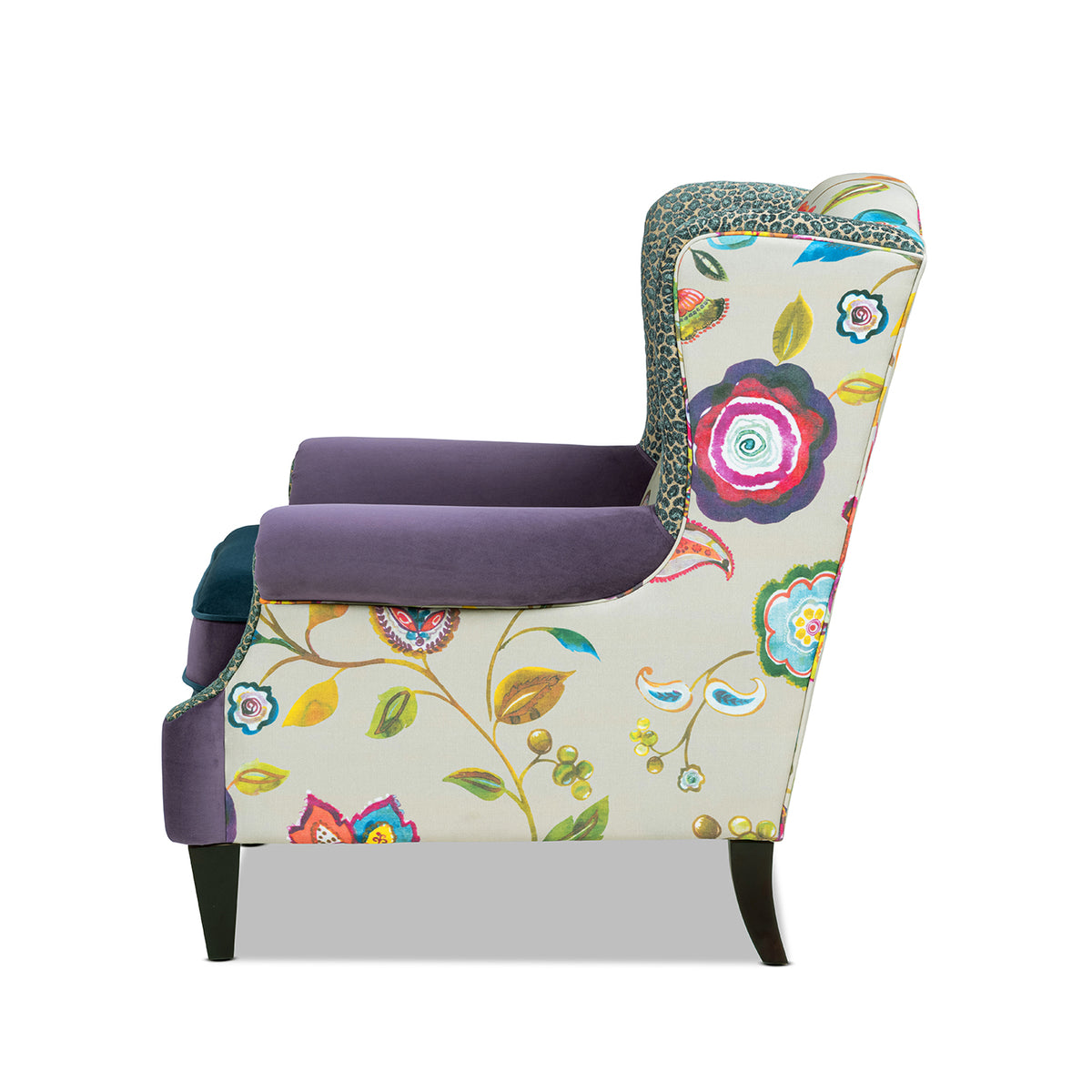 Anya Boho Chic Wingback Accent Chair, Floral & Leopard Print, Teal Multi