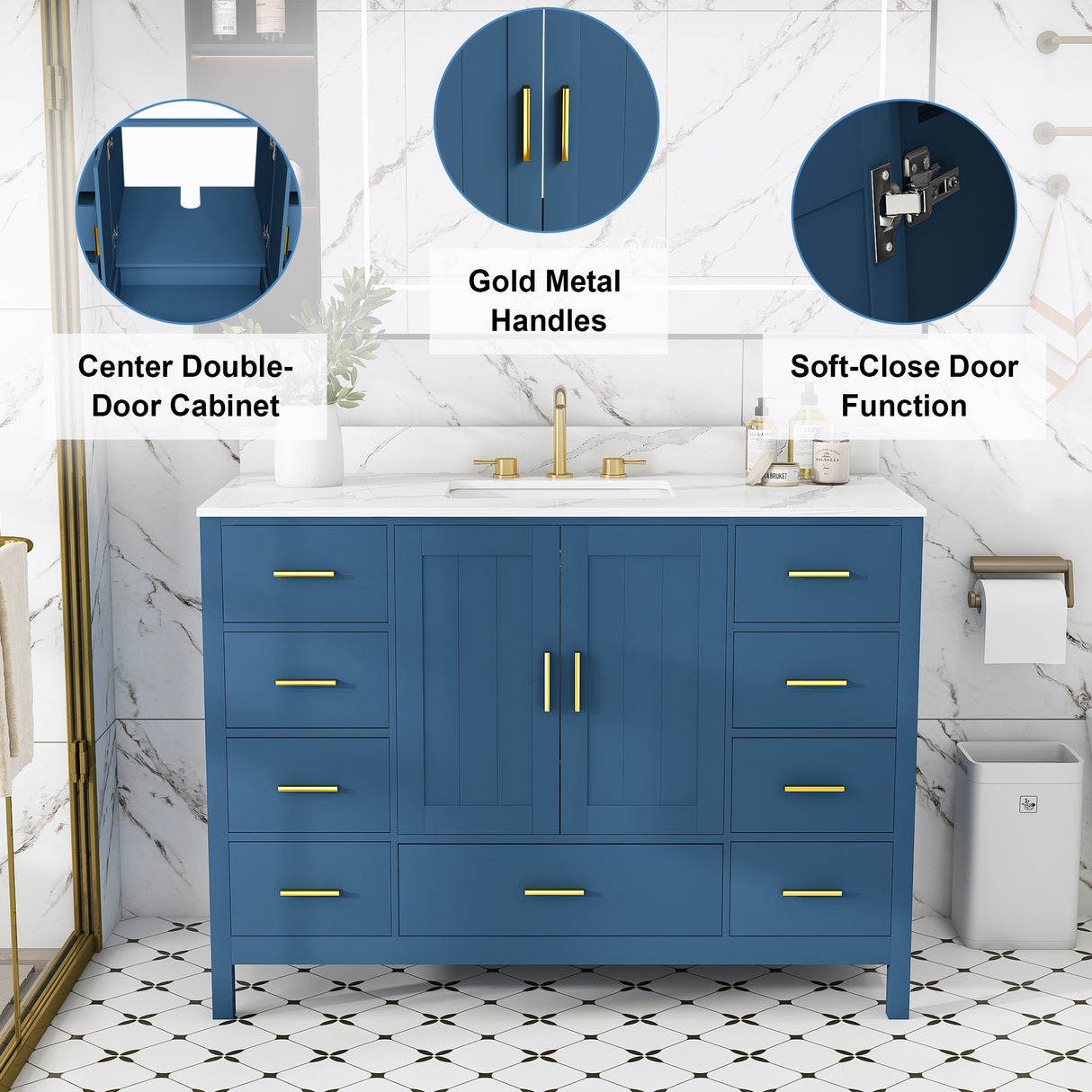 48" Bathroom Vanity Base Cabinet with 2 Soft-Close Double Doors & 9 Drawers