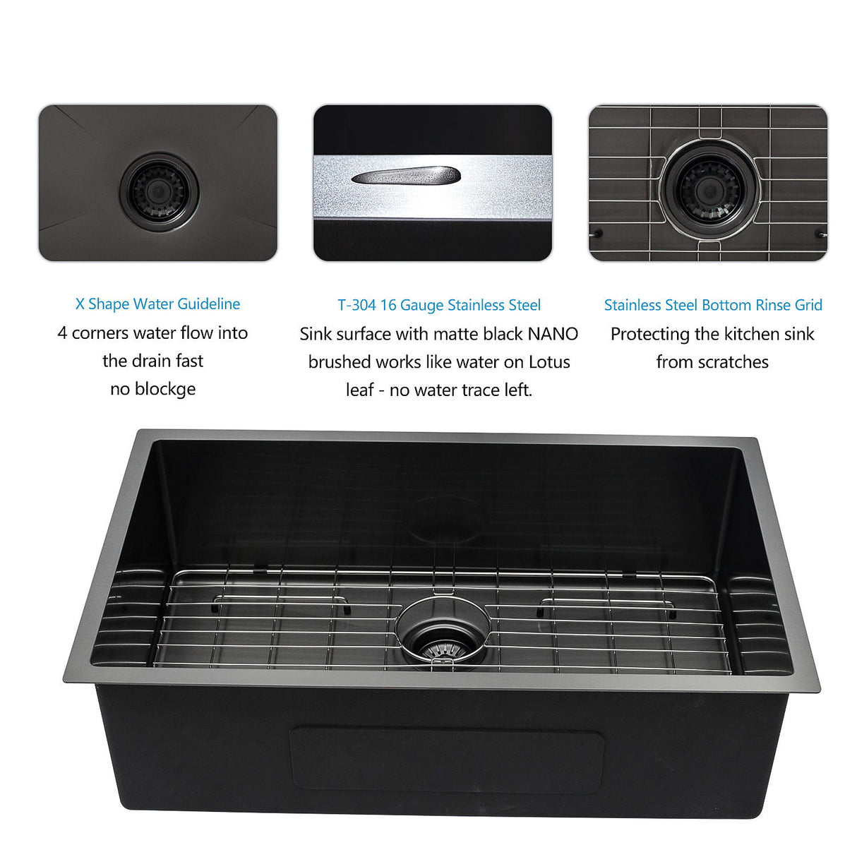 28" Undermount Kitchen Sink 16 Gauge 10" Deep Single Bowl - Gunmetal Black