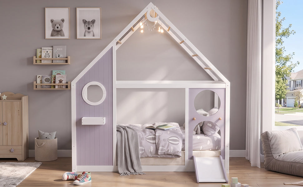 Twin House Bed with Slide and Light Strip