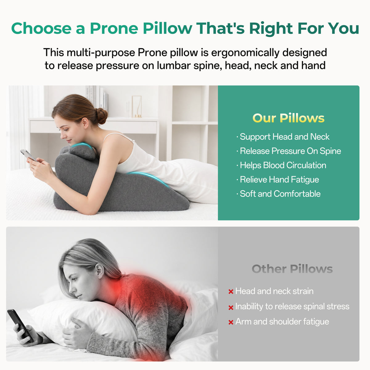 Ergonomic Spinal Posture Support & Multi-Functional Bed Pillow - Grey