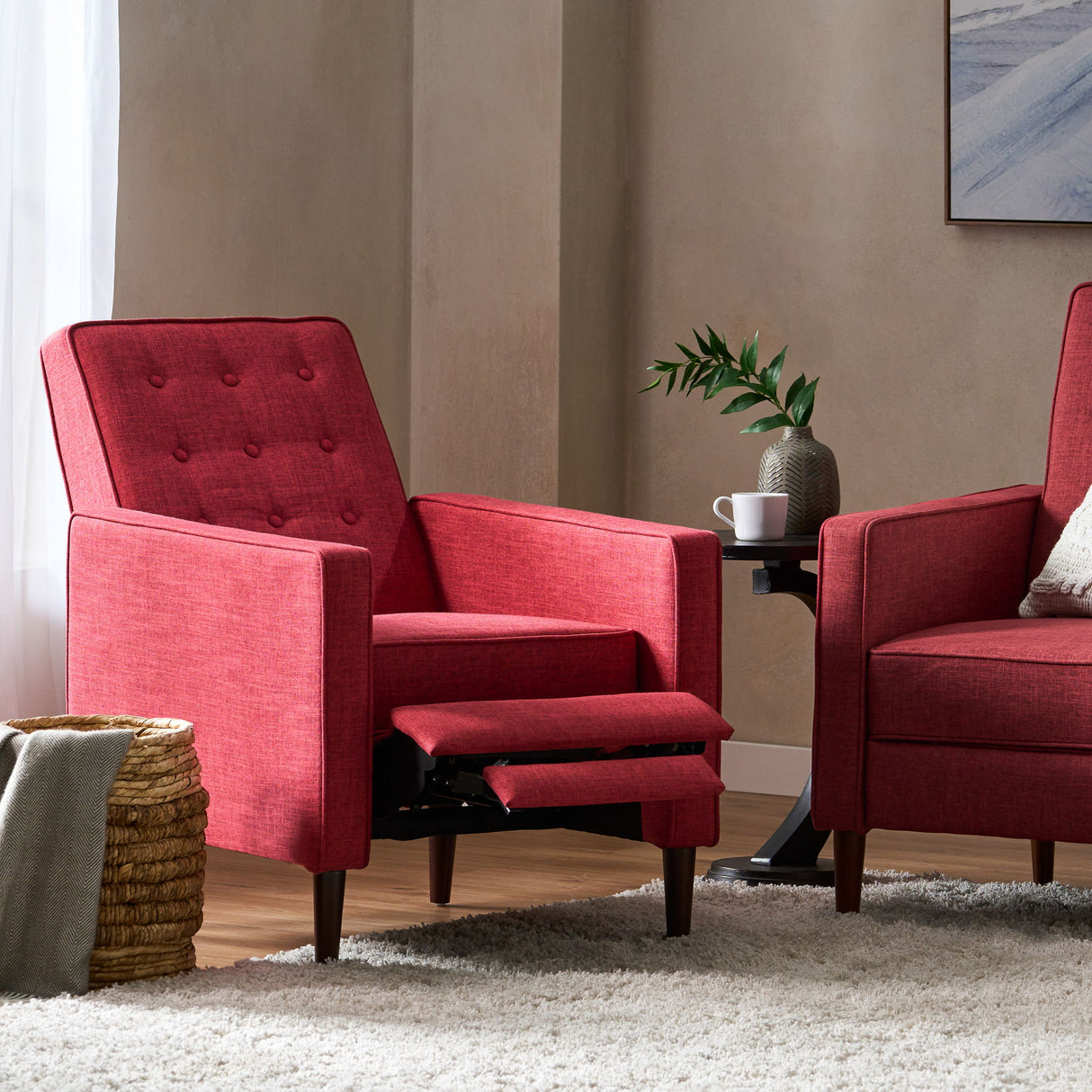 Mid-Century Modern Recliner With Button Tufted Waffle Stitch