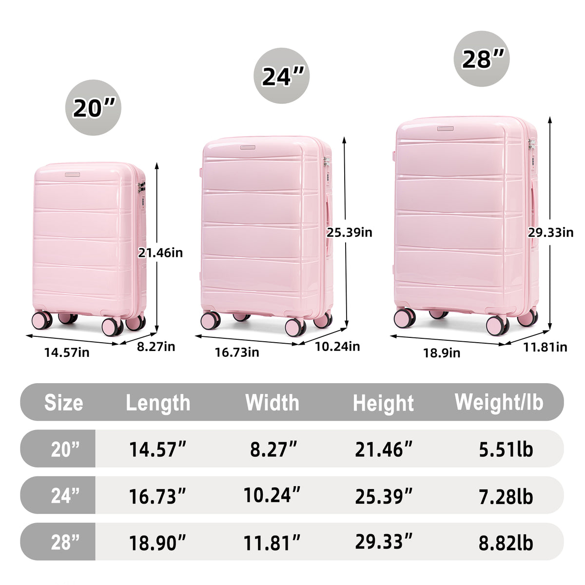 3-Piece Polypropylene Luggage Set, 20/24/28 Inch, Pink