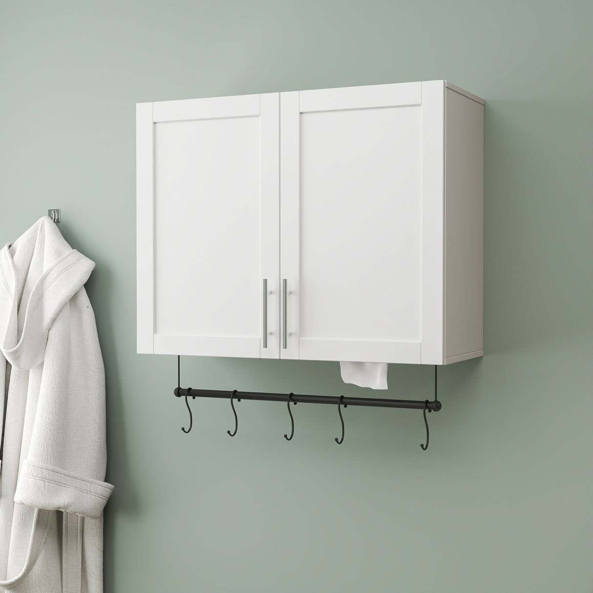 Bathroom Wall Cabinet with Adjustable Shelf, Towel Bar, and 5 Hooks