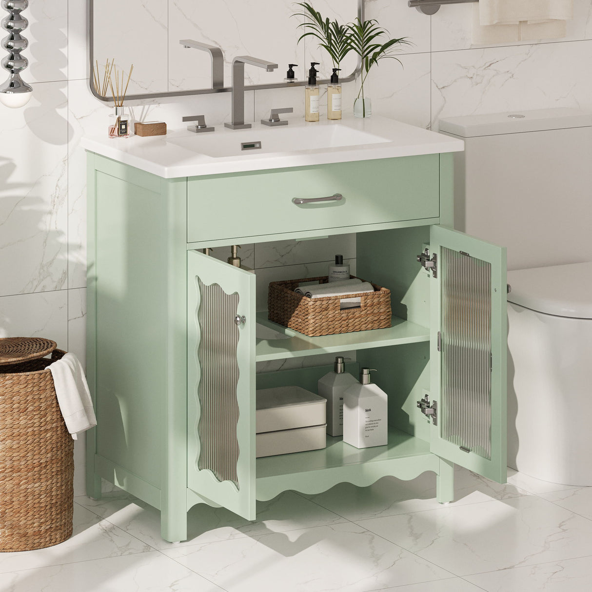 Modern Bathroom Vanity With Tempered Glass Doors