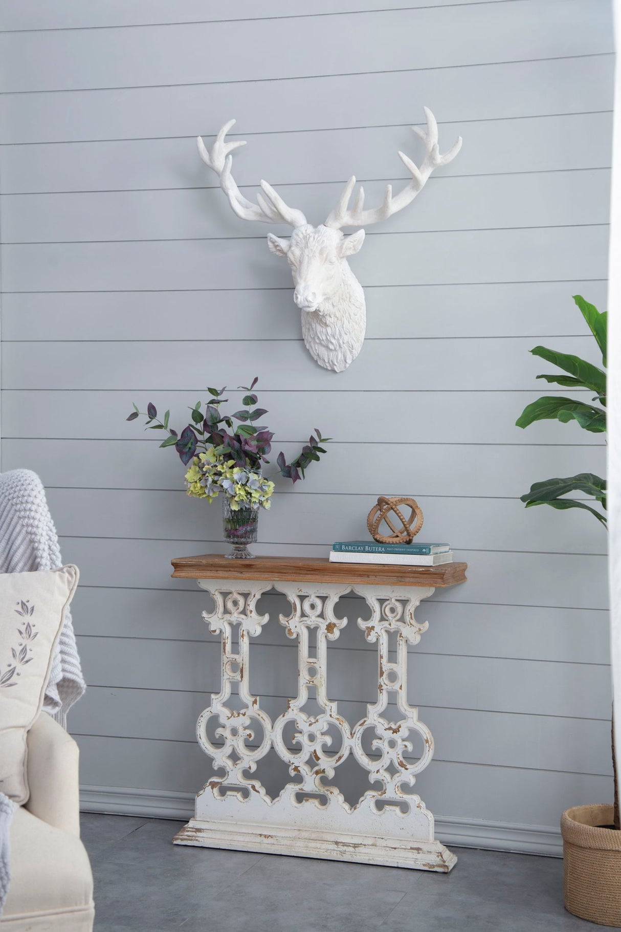 Classic Vintage Wash Console Table With Wood Top - Brown / Antique White