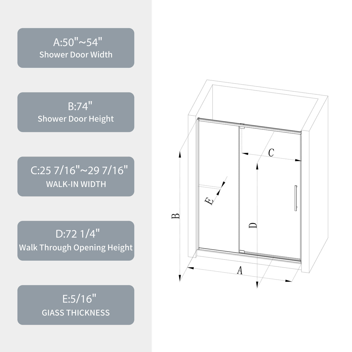 50-54"W x 74"H Pivot Shower Door with Matte Tempered Glass Finish