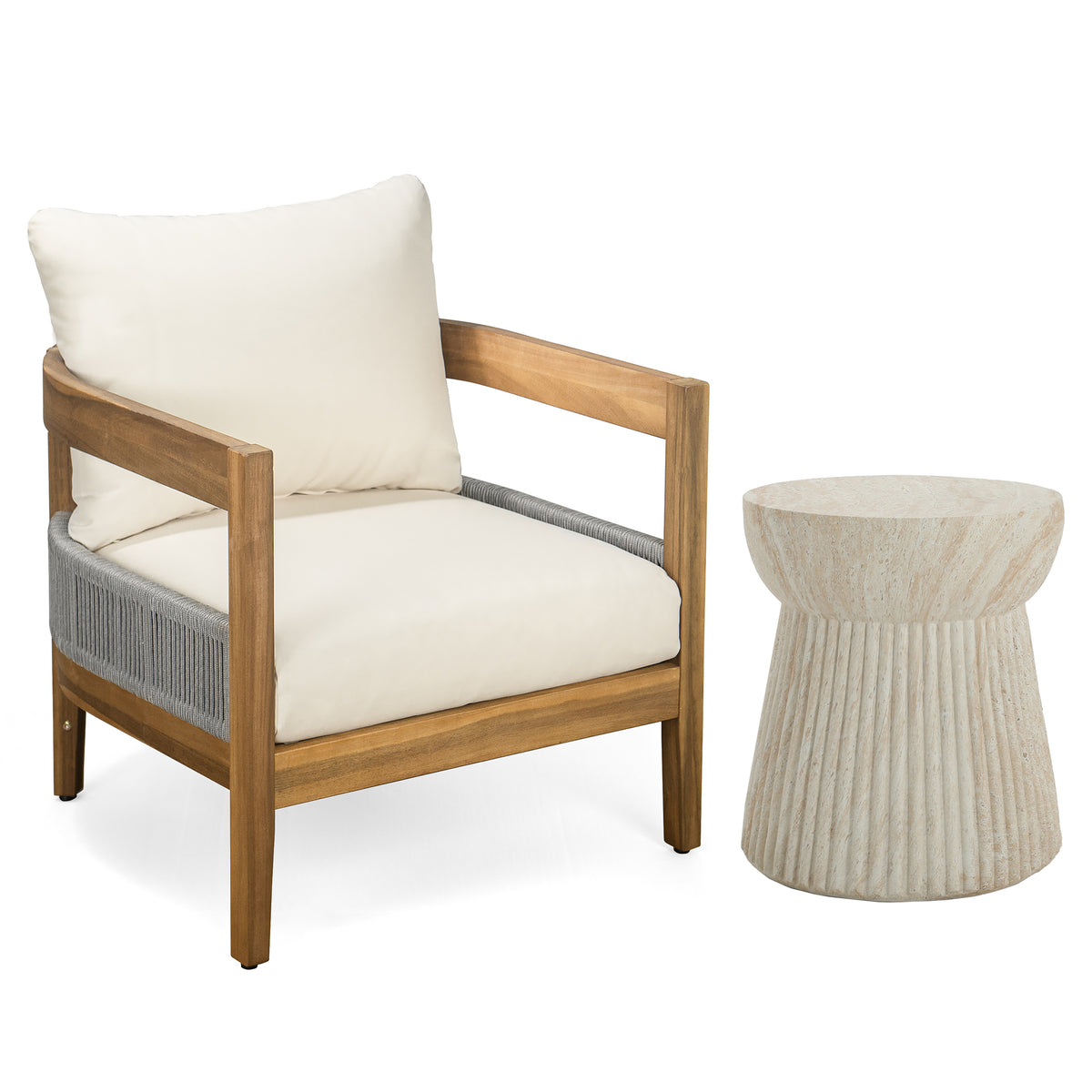 Porto Outdoor Club Chair and Concrete Travertine Side Table, Teak+Beige