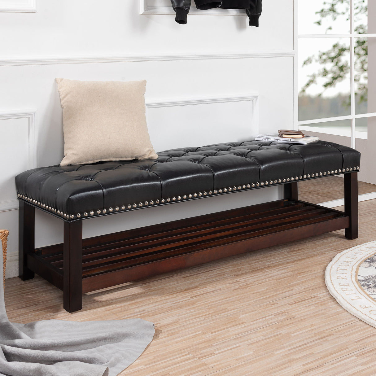 Bedroom End Of Bed Bench Tufted Upholstered End Of Bed Bench End Of Bed Entrance Shoe Bench With Nailhead Trim And Shelf Bedroom Upholstered Bench Living Room Shoe Rack Footstool